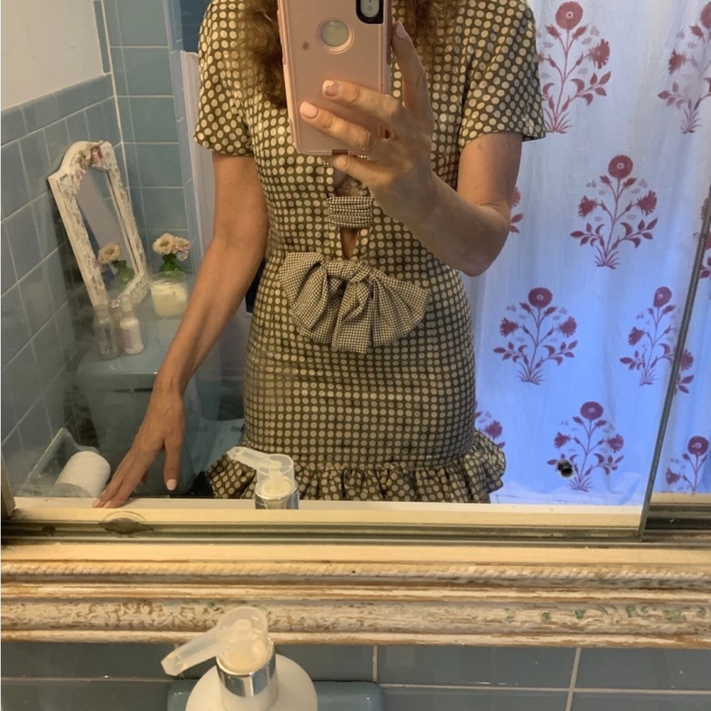 Louis Feraud Cocktail dress 1980’s olive snd cream polka-dot print